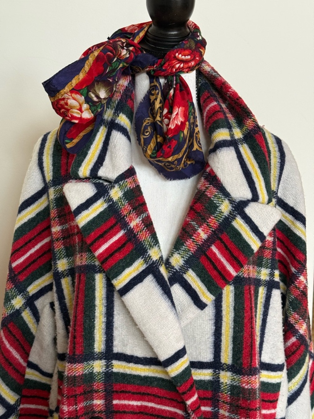 Desigual Red, Cream & Navy Plaid Double-Breasted Pea Coat - Picture 5 of 12